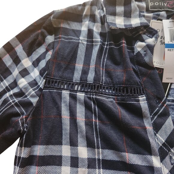 Polly & Esther Navy Blue Plaid Button Down Shirt Size Small - Picture 4 of 6